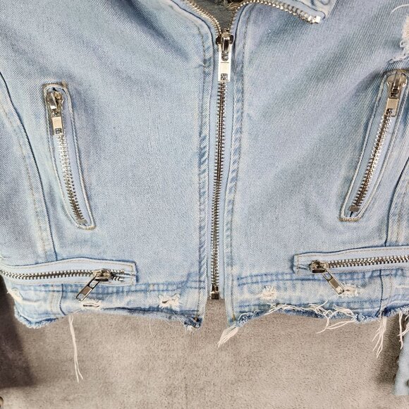 Womens BBJ Distressed Blue Denim Crop Jacket Studded Cuffs Full Zip Size S - Picture 3 of 11